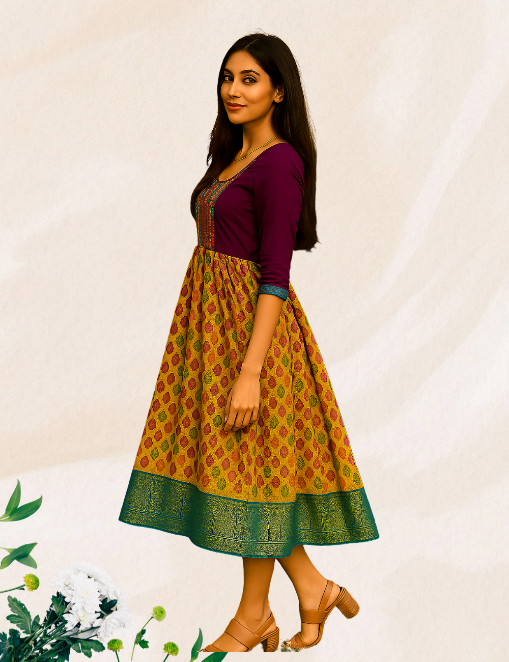 Purple with green colour digital print silk umbrella kurthi