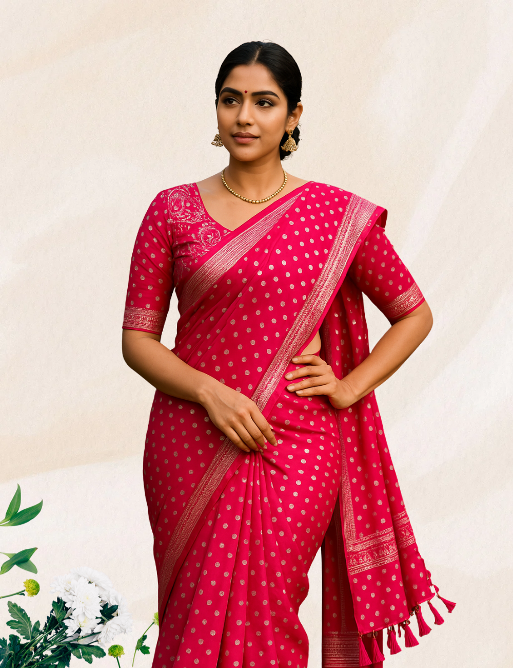 Red colour silver dotted  georgette saree with work blouse