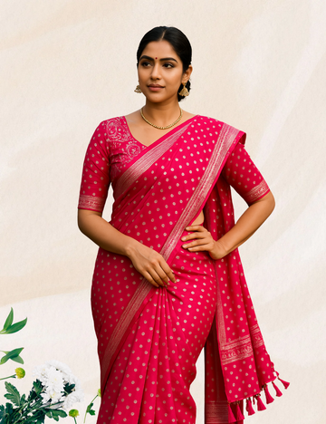 Red colour silver dotted  georgette saree with work blouse