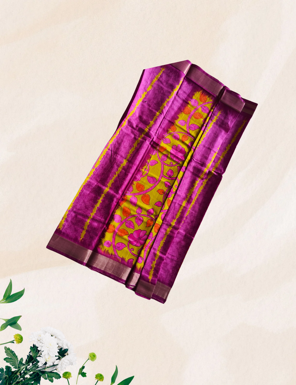 Megenta colour Handloom Silk Saree with Kalamkari Pallu &amp; Matching Blouse