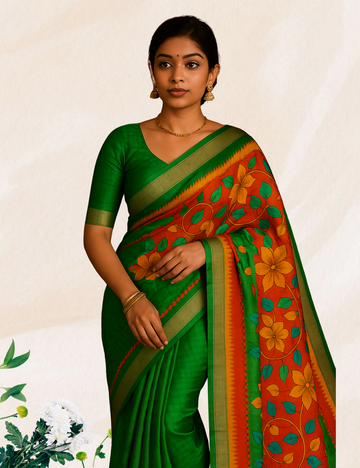 Parrot Green Handloom Silk Saree with Kalamkari Pallu &amp; Matching Blouse