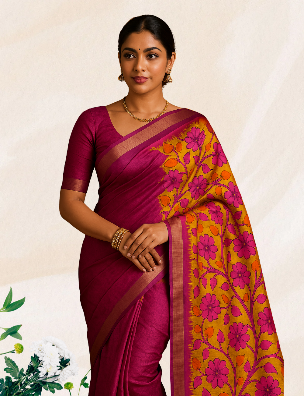 Megenta colour Handloom Silk Saree with Kalamkari Pallu &amp; Matching Blouse