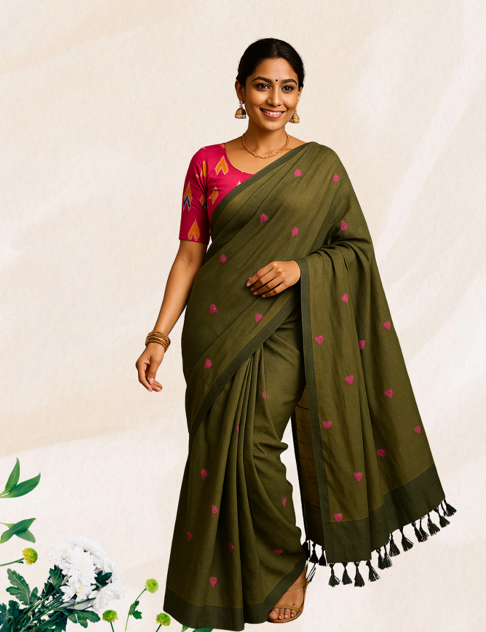 Green colour kadhi cotton saree with kalamkari blouse