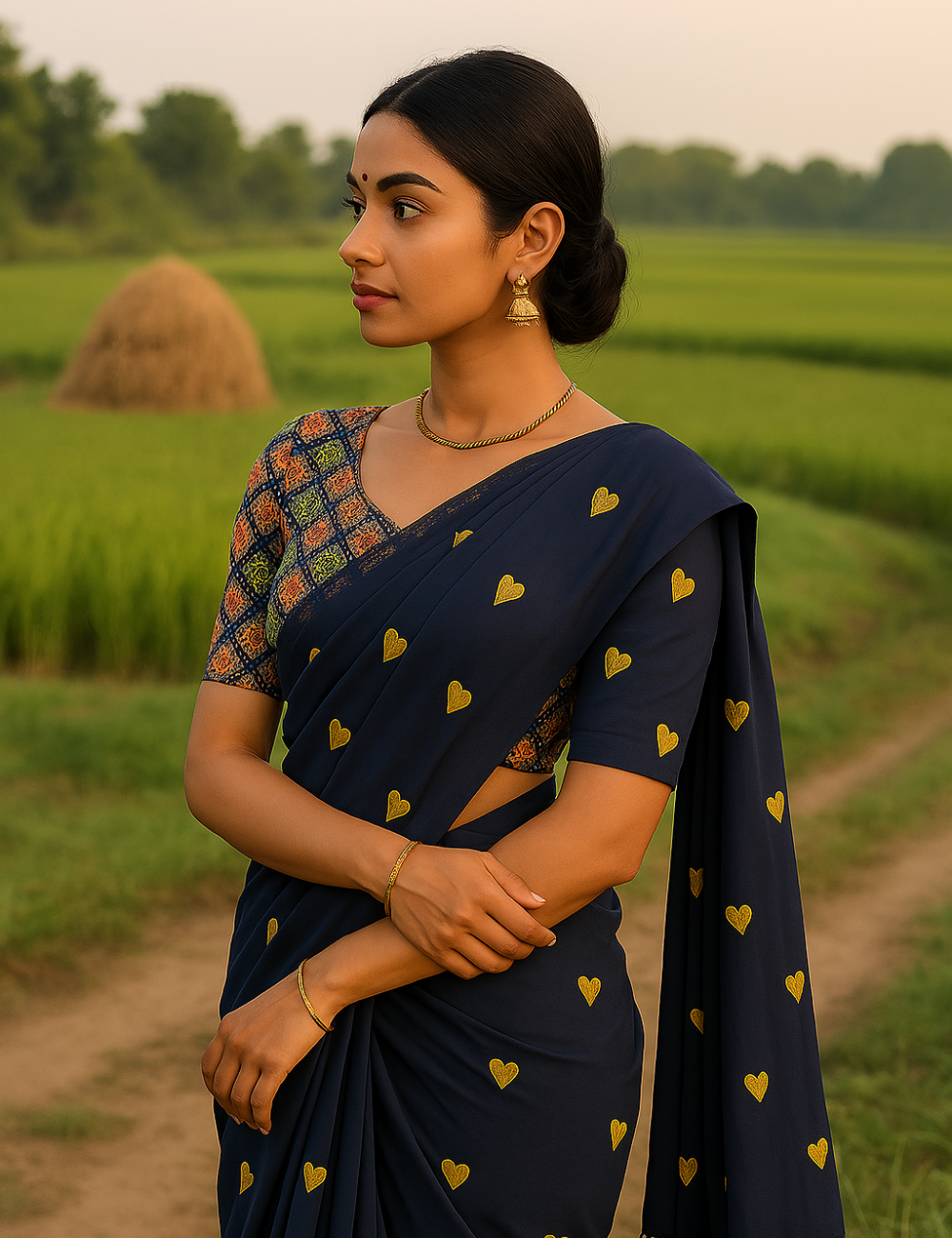 Navy blue colour kadhi cotton saree with kalamkari blouse