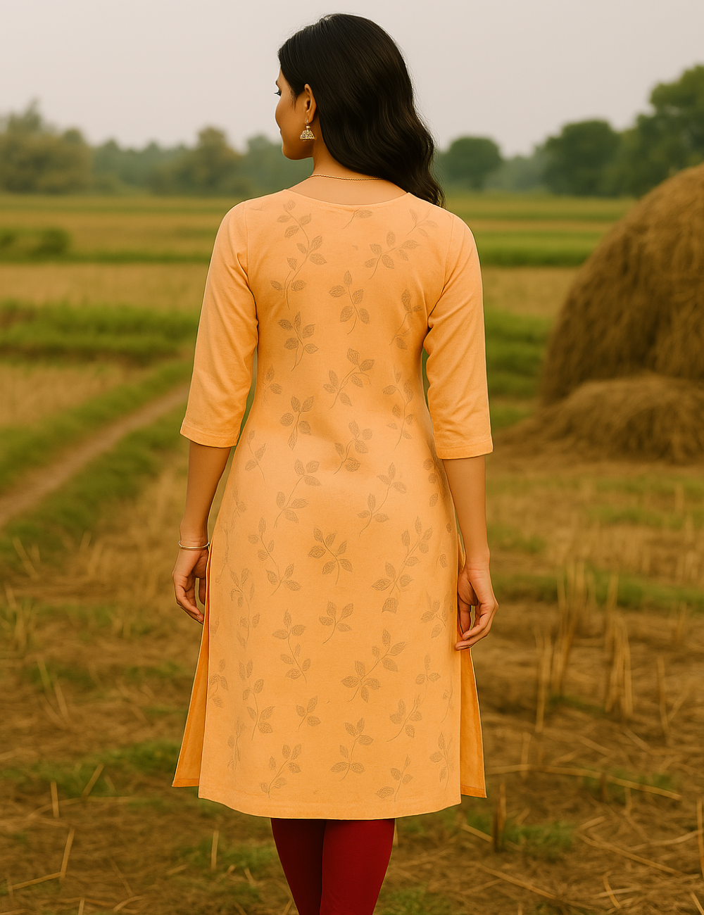 Orange colour floral side cut tissue kurta