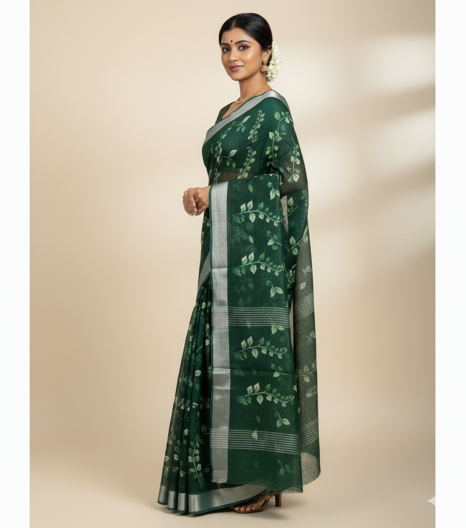 Dark Green colour curry leaves linine cotton saree