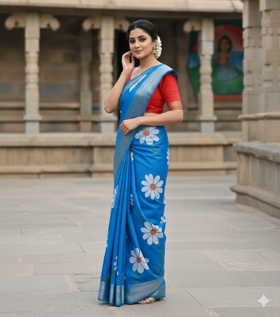 Sky Blue Colour Dola Silk Cotton Saree with Contrast Blouse