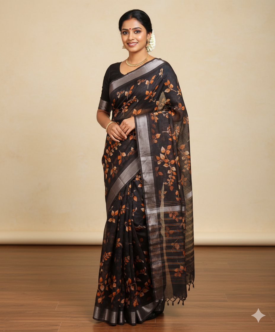 Brown colour curry leaves linine cotton saree