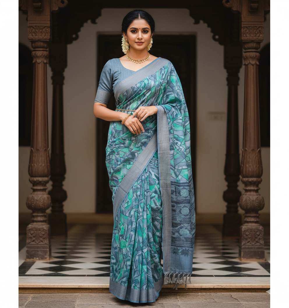 Ash colour Linine Cotton Saree with blouse