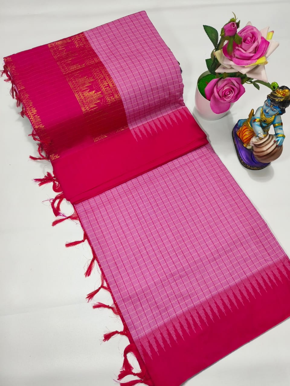 Pink with Peach Colour Premium Quality Kalyani Cotton Checked Saree / Lata Gadwal Paithani