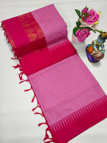 Pink with Peach Colour Premium Quality Kalyani Cotton Checked Saree / Lata Gadwal Paithani