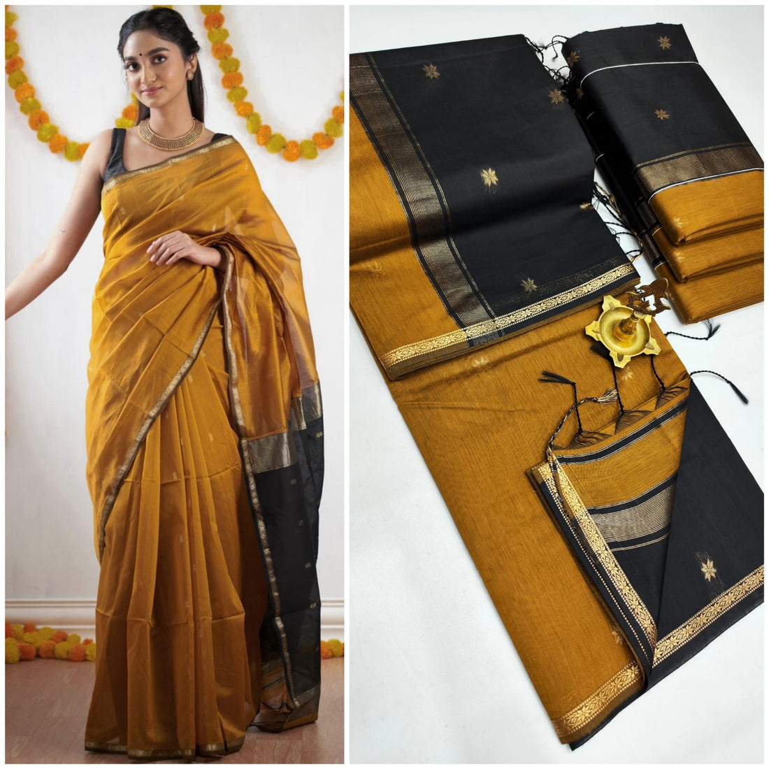 Mustered with black Colour Maheswari Silk Cotton Saree