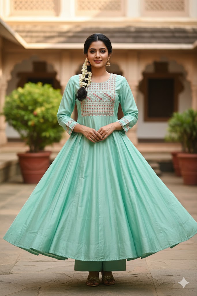 Pista Green Colour Vichithra Silk Long Anakali Kurthi