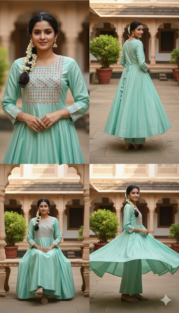 Pista Green Colour Vichithra Silk Long Anakali Kurthi