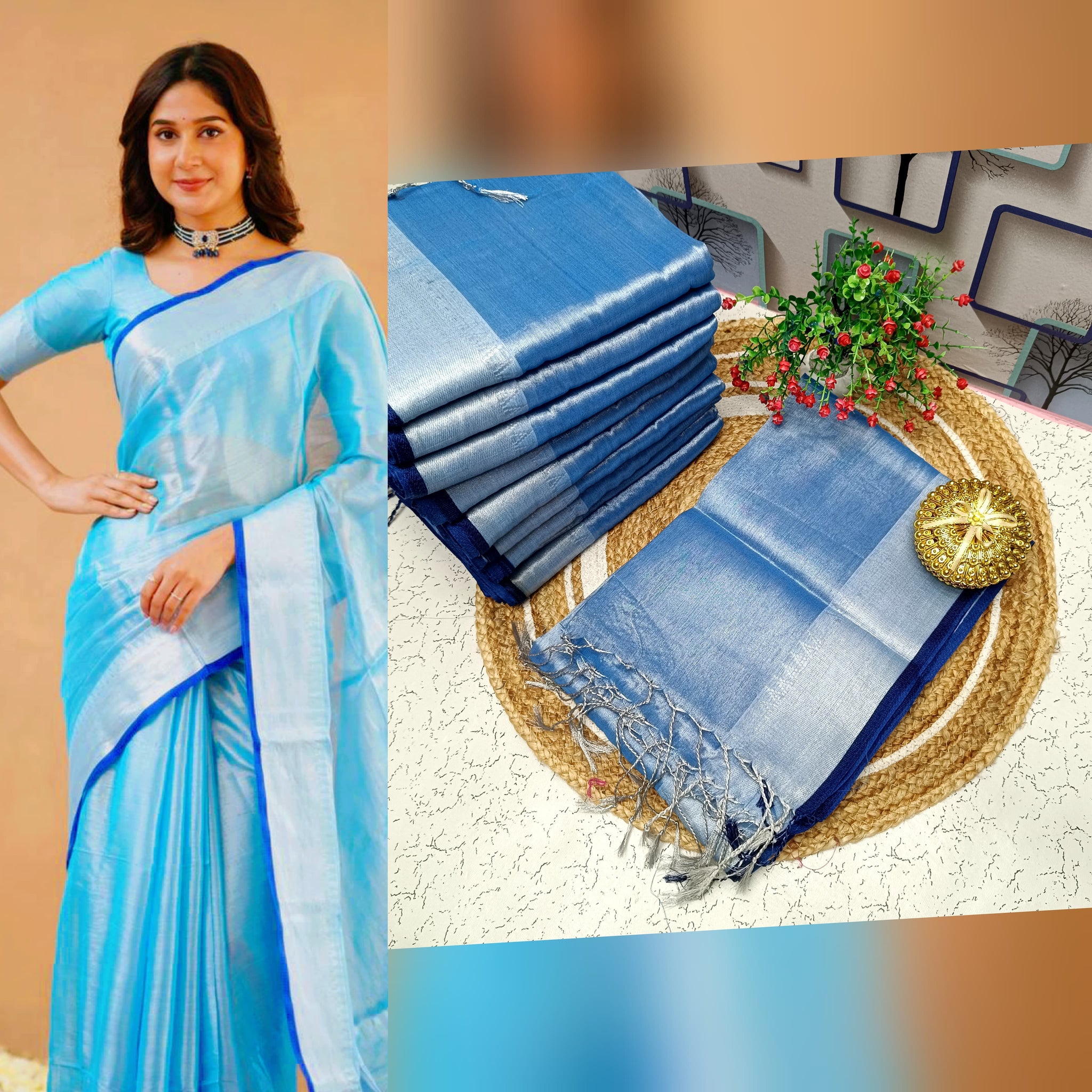 Sky Blue Colour Tissue Soft Silk Saree