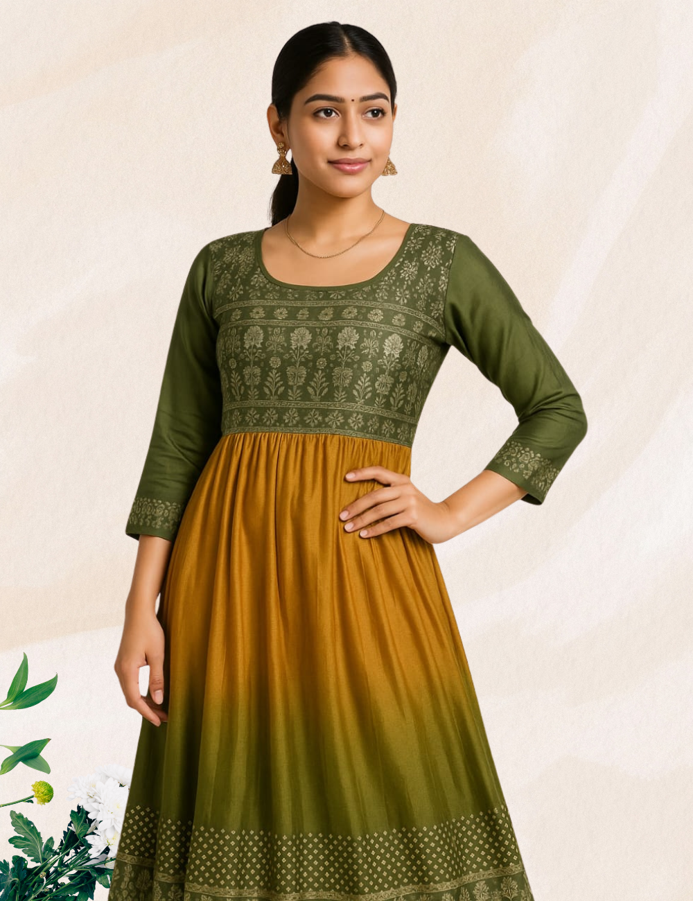 Green with musterd colour dotted umbrella silk kurthi