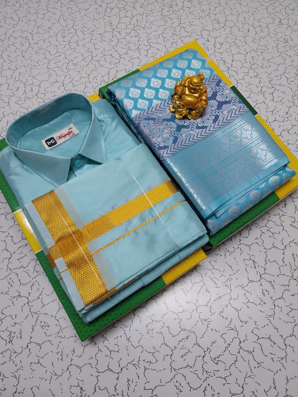 Sky Blue Premium Silk Couple Combo Set
