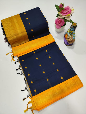 Dark Blue With Orange Colour Premium Kalyani Cotton Saree
