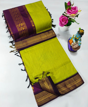 Pista Green with Purple Premium Kalyani Cotton Saree