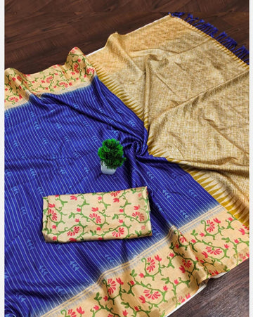 Blue with Sanda Colour Silkworm Soft Cotton Saree