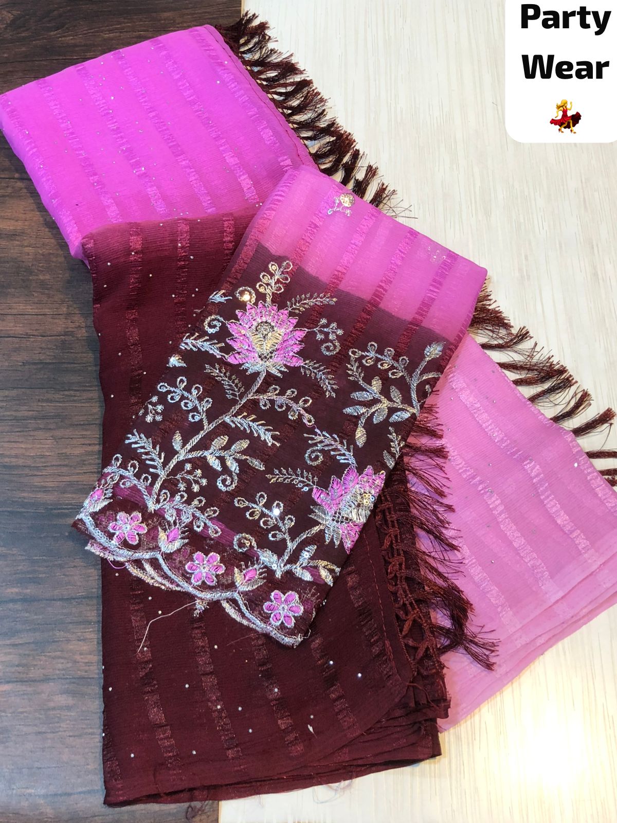 Pink with Purple Colour Party Wear Popcorn Saree with Designer Blouse