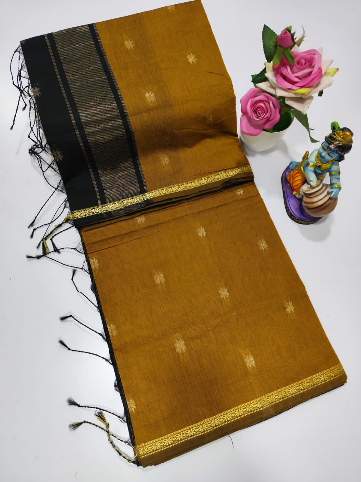 Mustered with black Colour Maheswari Silk Cotton Saree