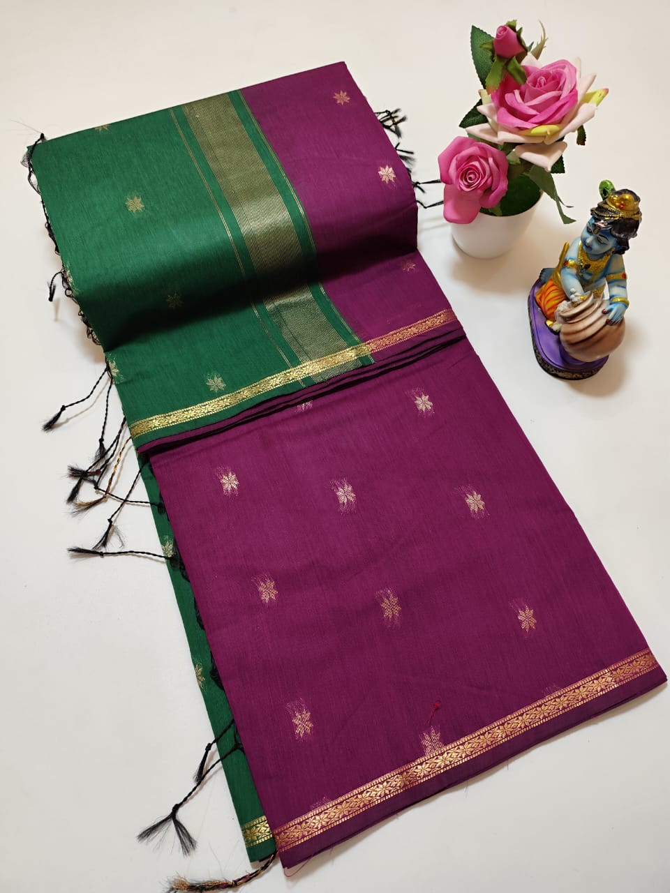 Purple with Green Colour Maheswari Silk Cotton Saree
