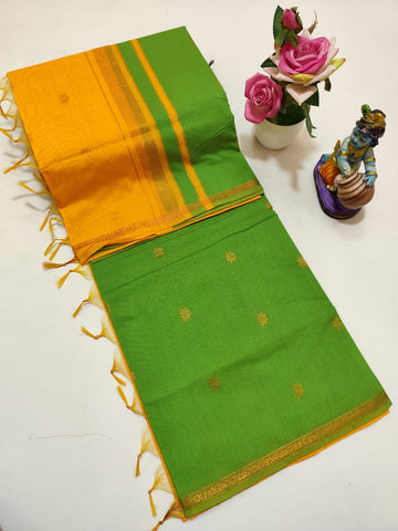 Parrot Green with Orange Colour Maheswari Silk Cotton Saree