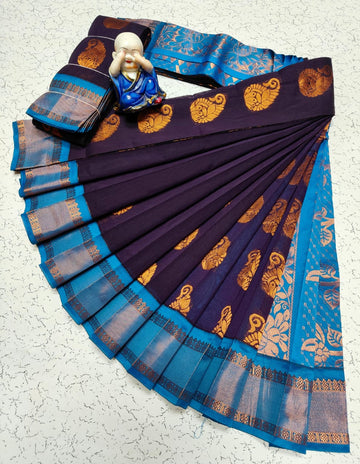 Purple with Sky Blue Colour Kottanchi Cotton Saree with Contrast