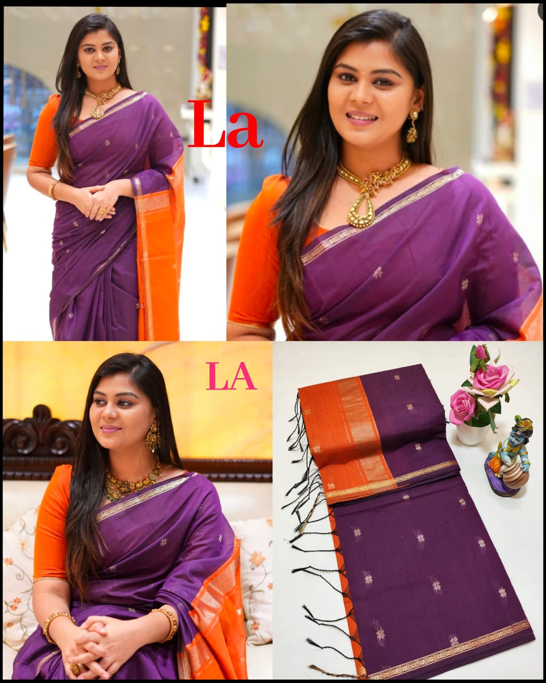 Purple with Orange Colour Maheswari Silk Cotton Saree