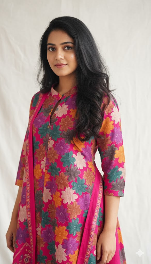 Pink Colour Premium Quality Vatican Silk Chines Coller neck 3 pcs Set