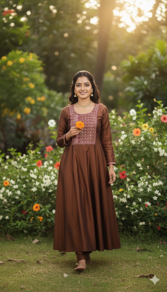 Chocolate Brown Colour Vichithra Silk Anarkali Umbrella Kurthi