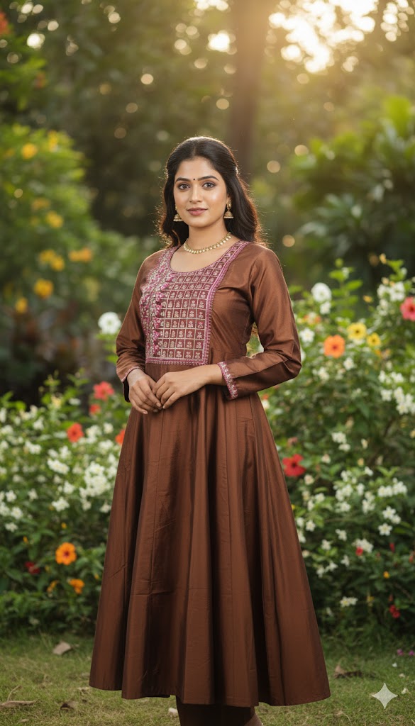 Chocolate Brown Colour Vichithra Silk Anarkali Umbrella Kurthi