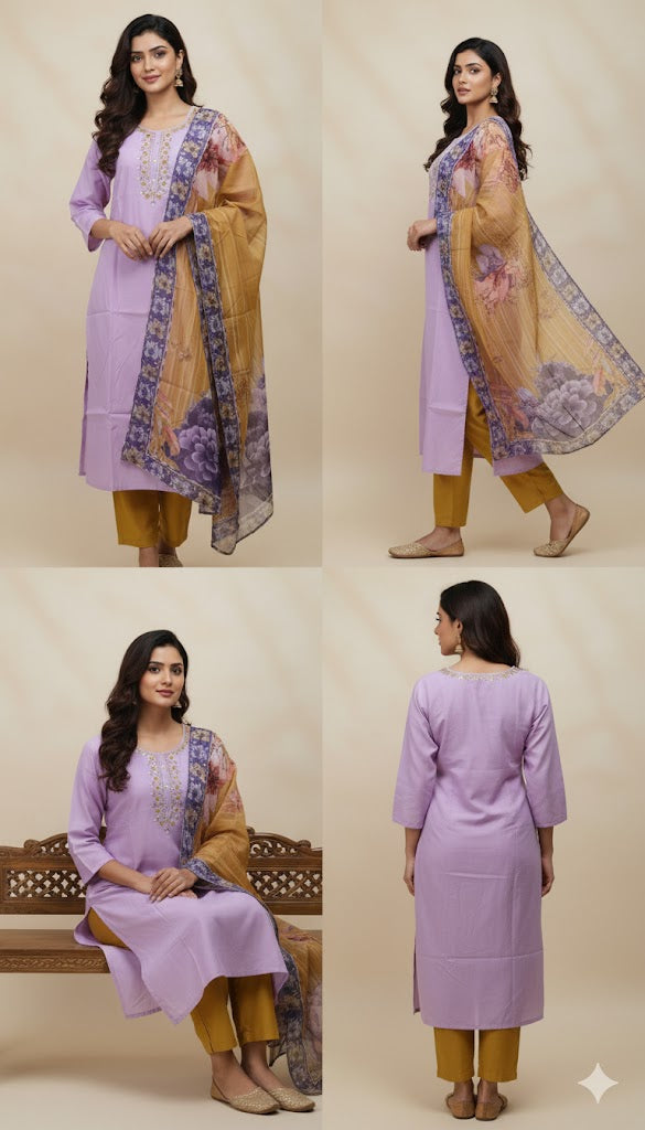 Lavender with Green Colour Premium 3 Piece Set Silk Material